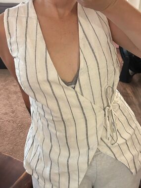 Sleeveless White & Navy Striped Wrap Top